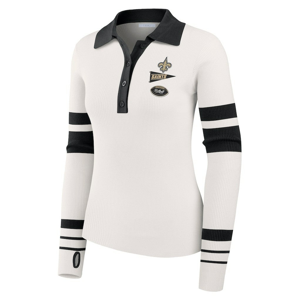 New Orleans Saints WEAR by Erin Andrews Women's Ribbed Henley Polo Sweater White
