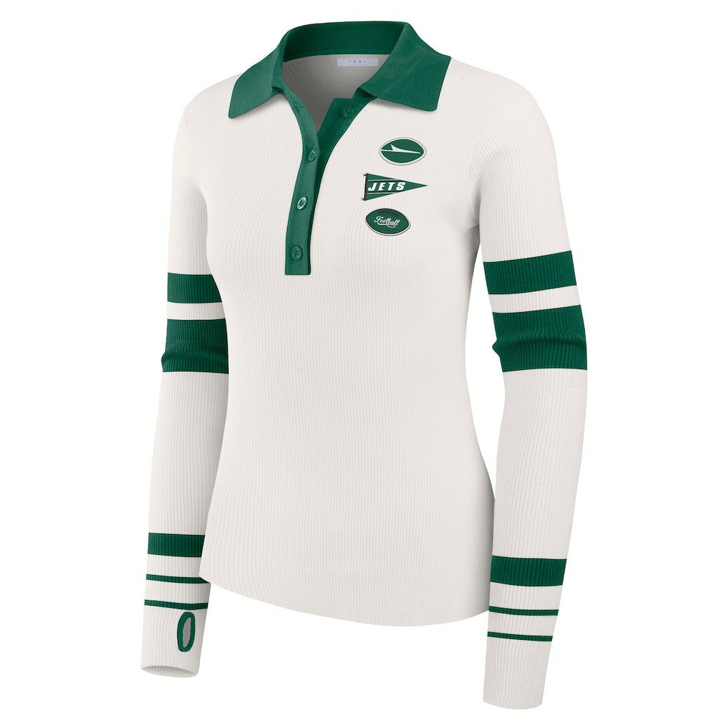 New York Jets WEAR by Erin Andrews Women's Ribbed Henley Polo Sweater White