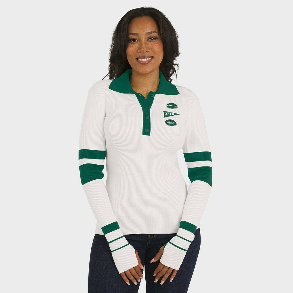 New York Jets WEAR by Erin Andrews Women's Ribbed Henley Polo Sweater White