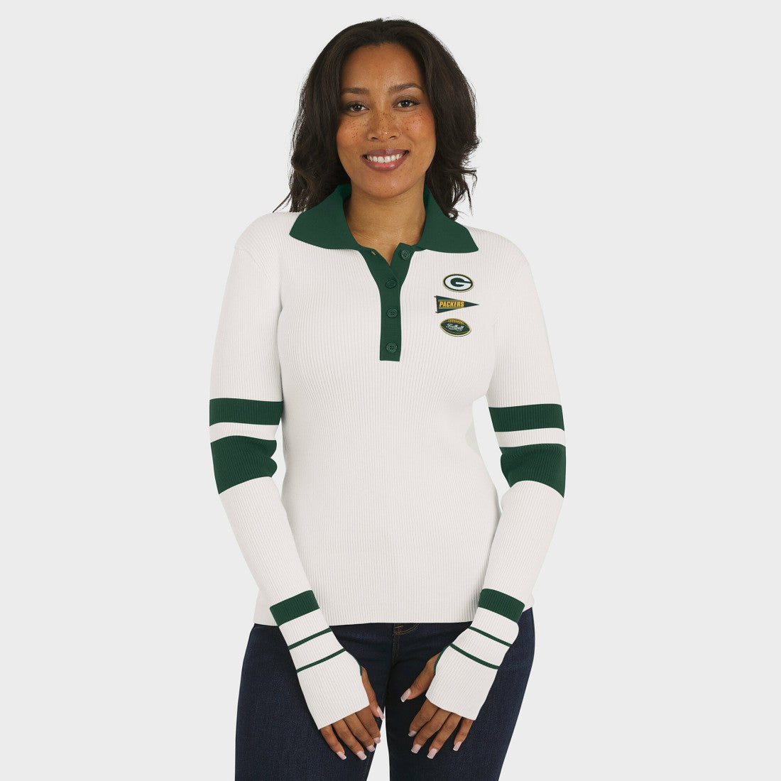 Green Bay Packers WEAR by Erin Andrews Women's Ribbed Henley Polo Sweater White