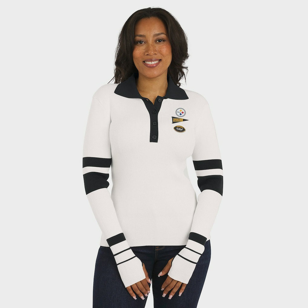 Pittsburgh Steelers WEAR by Erin Andrews Women's Ribbed Henley Polo Sweater White
