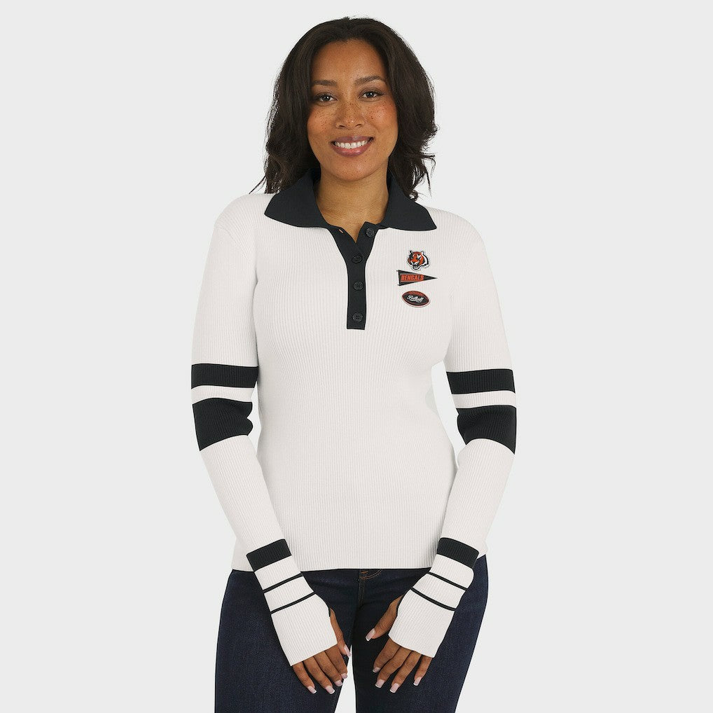 Cincinnati Bengals WEAR by Erin Andrews Women's Ribbed Henley Polo Sweater White