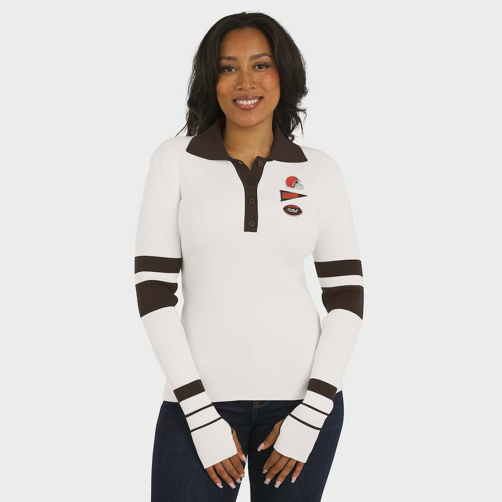 Cleveland Browns WEAR by Erin Andrews Women's Ribbed Henley Polo Sweater White