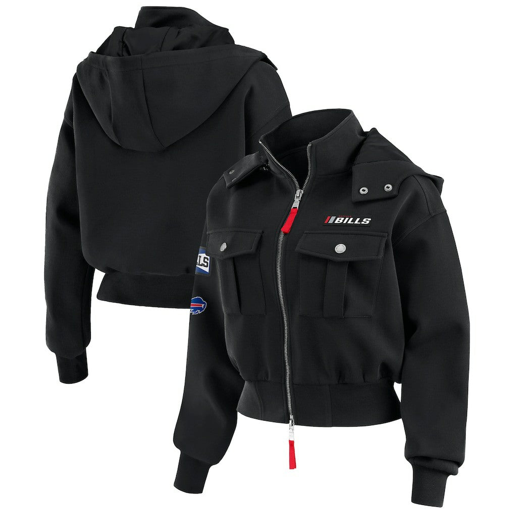 Buffalo Bills WEAR by Erin Andrews Women's Tri-Blend Patch Pocket Cropped Full-Zip Bomber Hoodie Jacket Black