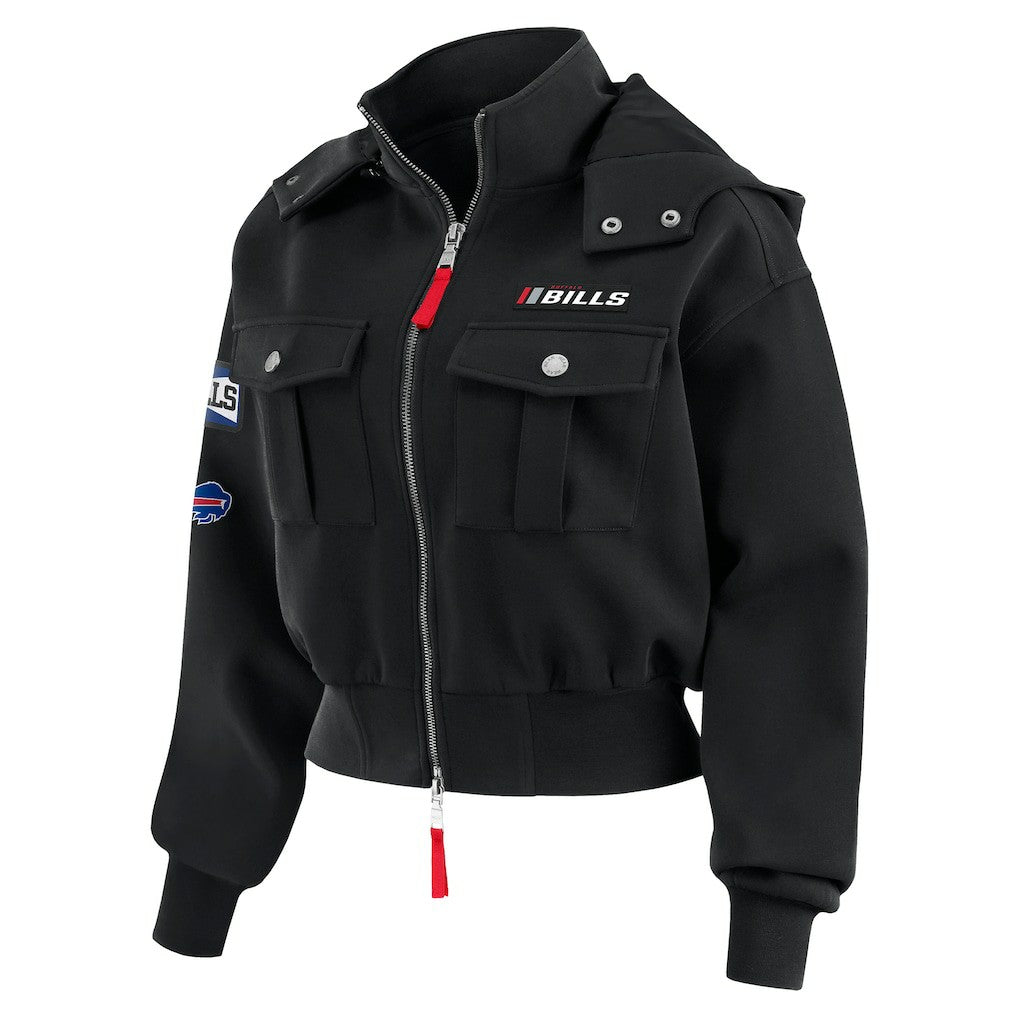 Buffalo Bills WEAR by Erin Andrews Women's Tri-Blend Patch Pocket Cropped Full-Zip Bomber Hoodie Jacket Black