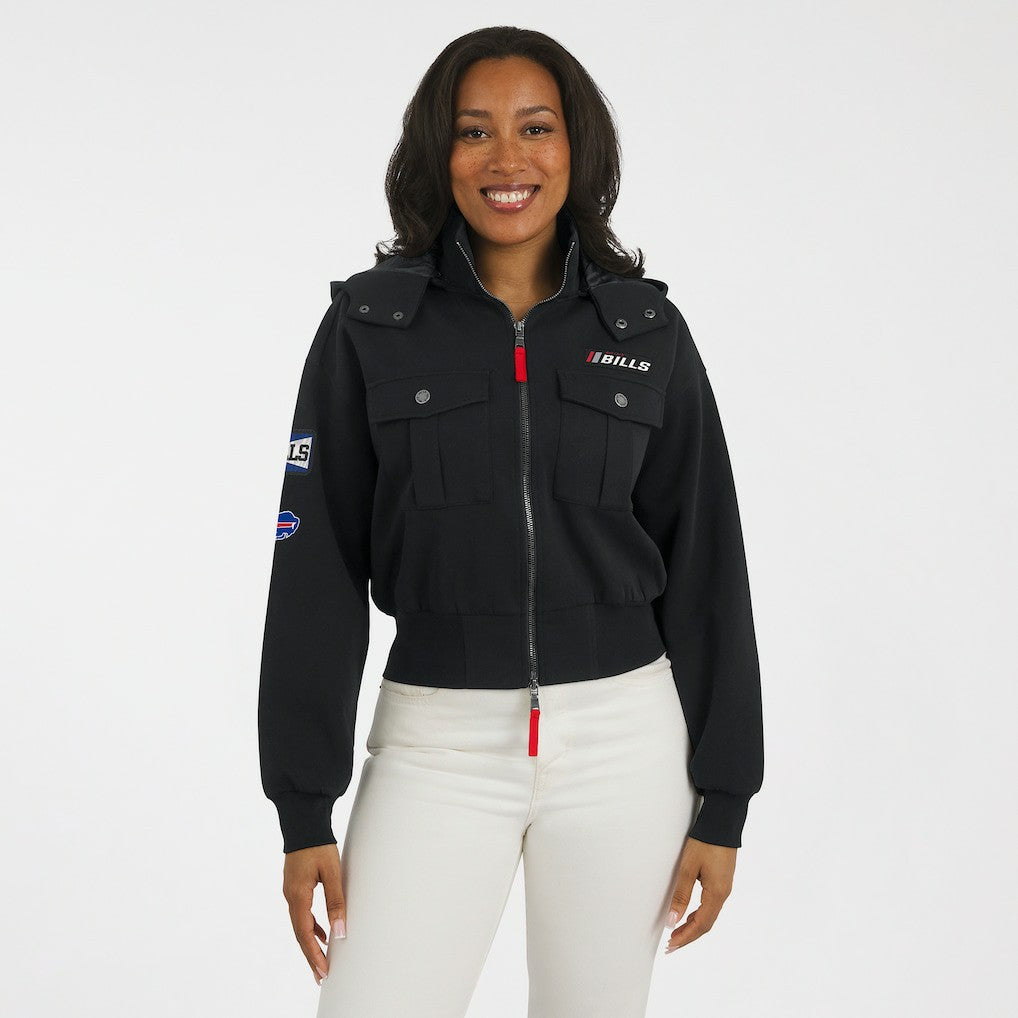 Buffalo Bills WEAR by Erin Andrews Women's Tri-Blend Patch Pocket Cropped Full-Zip Bomber Hoodie Jacket Black