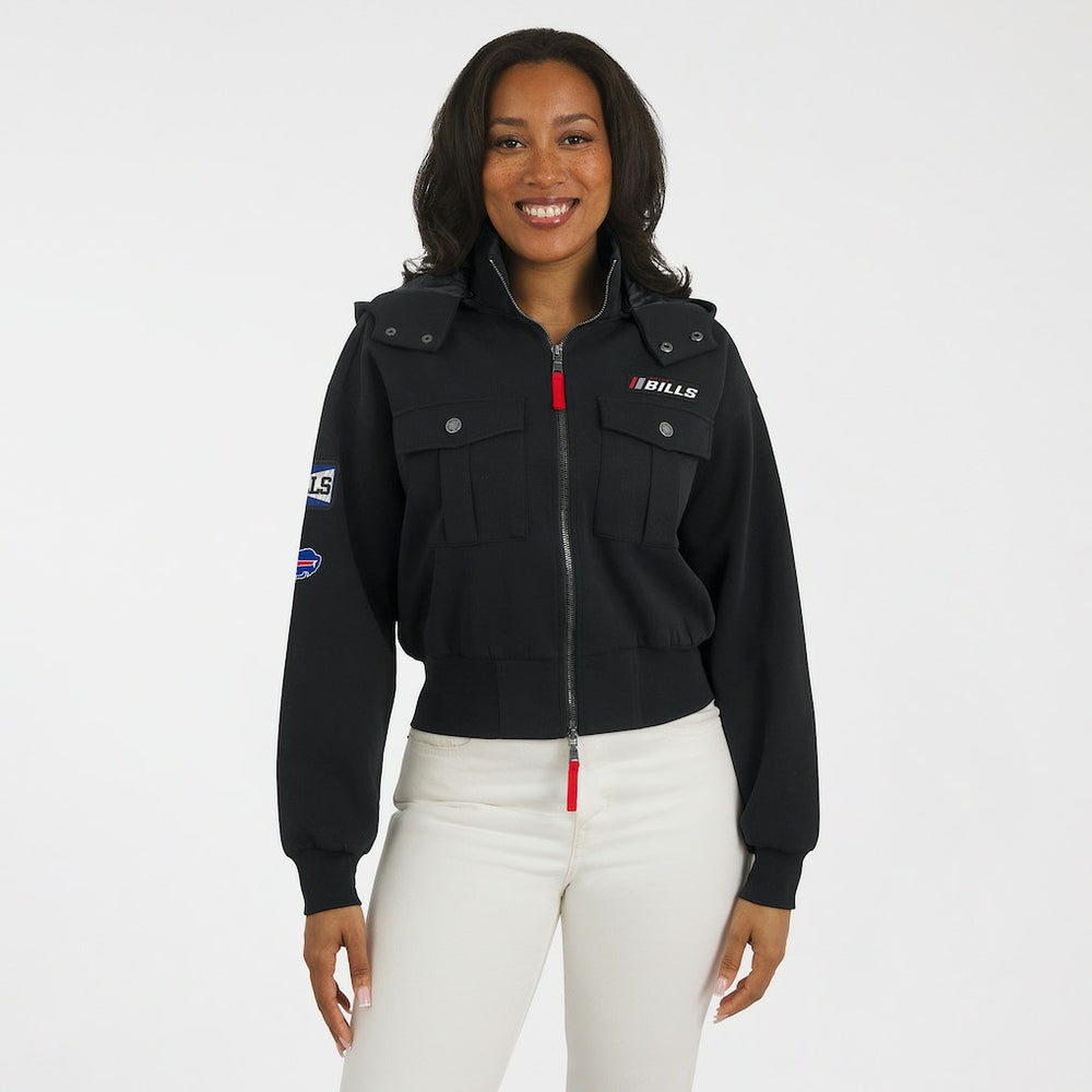Buffalo Bills WEAR by Erin Andrews Women's Tri-Blend Patch Pocket Cropped Full-Zip Bomber Hoodie Jacket Black