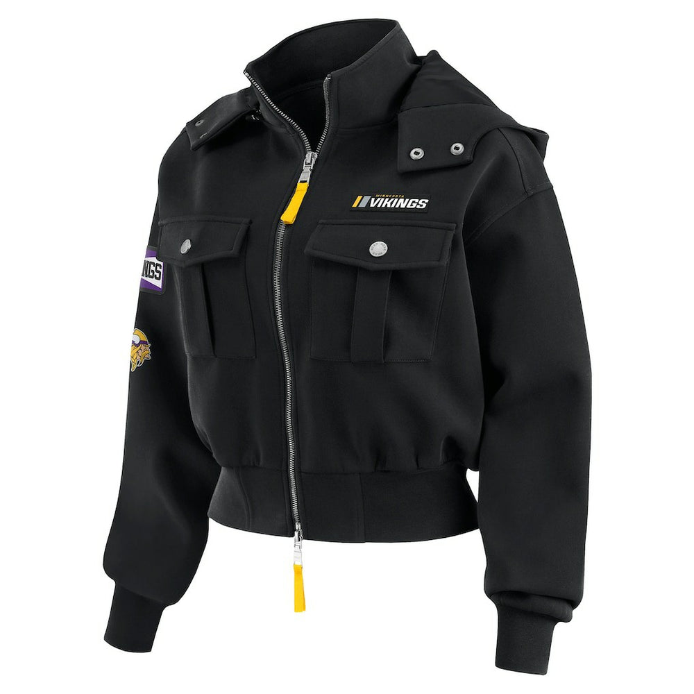 Minnesota Vikings WEAR by Erin Andrews Women's Tri-Blend Patch Pocket Cropped Full-Zip Bomber Hoodie Jacket Black
