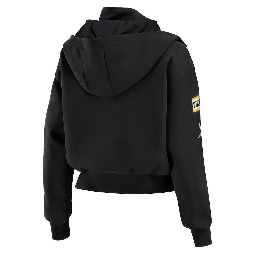 Minnesota Vikings WEAR by Erin Andrews Women's Tri-Blend Patch Pocket Cropped Full-Zip Bomber Hoodie Jacket Black