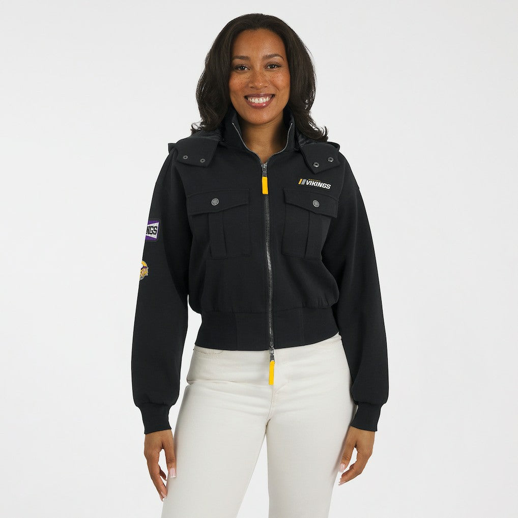 Minnesota Vikings WEAR by Erin Andrews Women's Tri-Blend Patch Pocket Cropped Full-Zip Bomber Hoodie Jacket Black