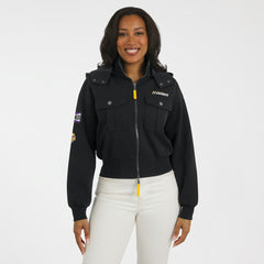 Minnesota Vikings WEAR by Erin Andrews Women's Tri-Blend Patch Pocket Cropped Full-Zip Bomber Hoodie Jacket Black