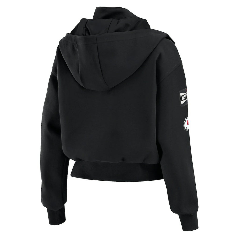 Kansas City Chiefs WEAR by Erin Andrews Women's Tri-Blend Patch Pocket Cropped Full-Zip Bomber Hoodie Jacket Black