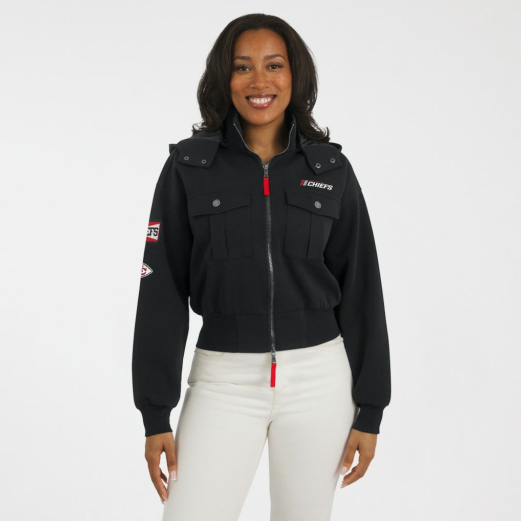 Kansas City Chiefs WEAR by Erin Andrews Women's Tri-Blend Patch Pocket Cropped Full-Zip Bomber Hoodie Jacket Black