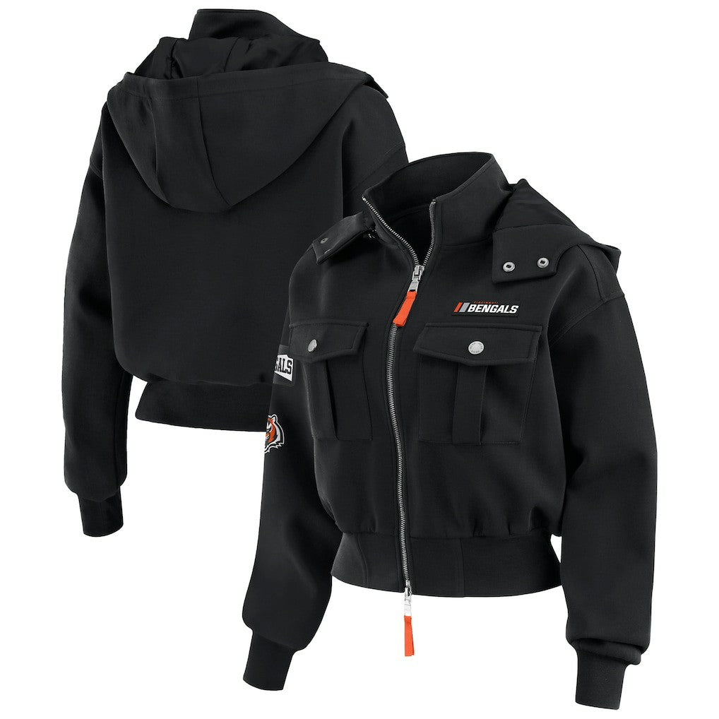 Cincinnati Bengals WEAR by Erin Andrews Women's Tri-Blend Patch Pocket Cropped Full-Zip Bomber Hoodie Jacket Black