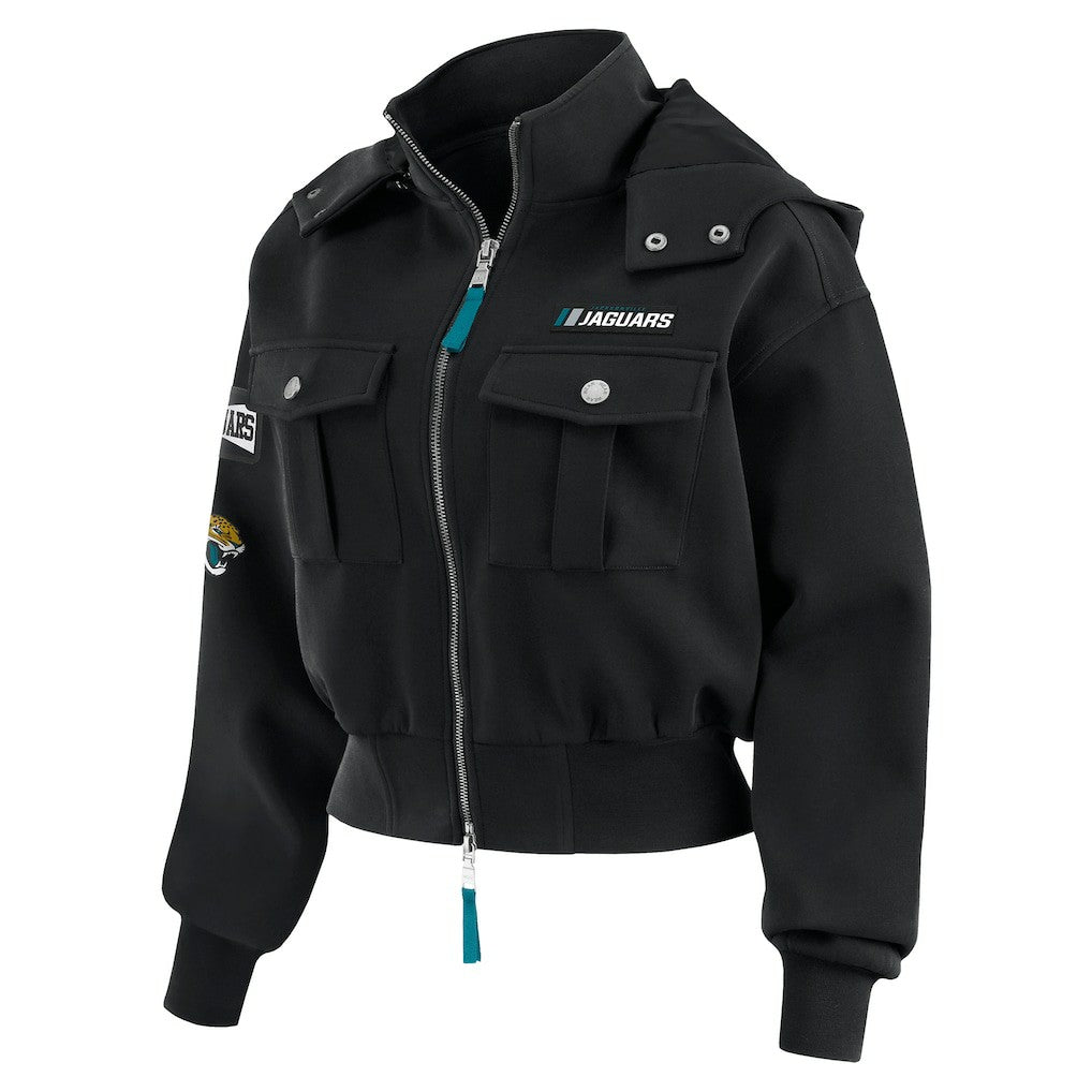 Jacksonville Jaguars WEAR by Erin Andrews Women's Tri-Blend Patch Pocket Cropped Full-Zip Bomber Hoodie Jacket Black
