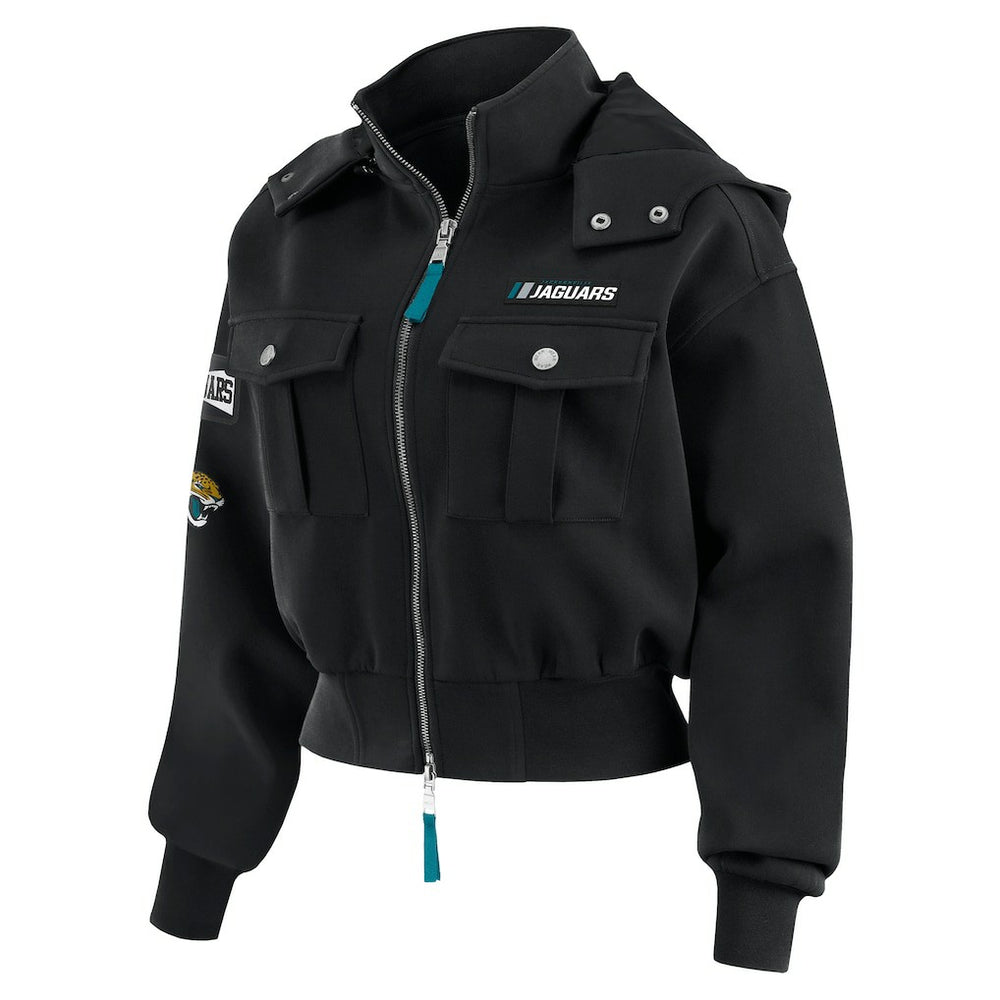 Jacksonville Jaguars WEAR by Erin Andrews Women's Tri-Blend Patch Pocket Cropped Full-Zip Bomber Hoodie Jacket Black