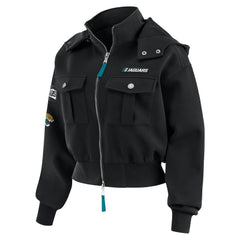 Jacksonville Jaguars WEAR by Erin Andrews Women's Tri-Blend Patch Pocket Cropped Full-Zip Bomber Hoodie Jacket Black