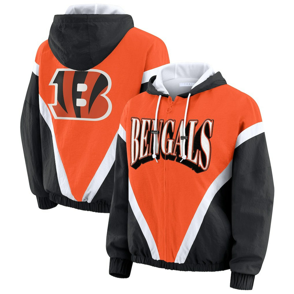 Cincinnati Bengals WEAR by Erin Andrews Women's Retro Crinkle Full-Zip Hoodie Windbreaker Orange/Black