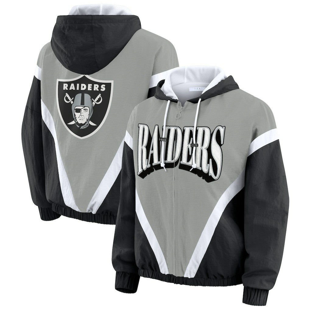 Las Vegas Raiders WEAR by Erin Andrews Women's Retro Crinkle Full-Zip Hoodie Windbreaker Black/Silver