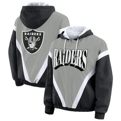 Las Vegas Raiders WEAR by Erin Andrews Women's Retro Crinkle Full-Zip Hoodie Windbreaker Black/Silver