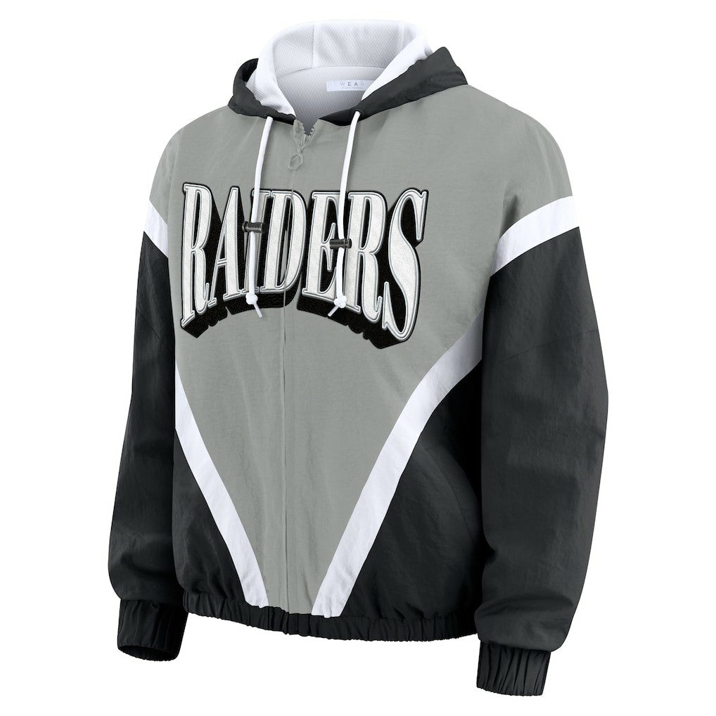 Las Vegas Raiders WEAR by Erin Andrews Women's Retro Crinkle Full-Zip Hoodie Windbreaker Black/Silver