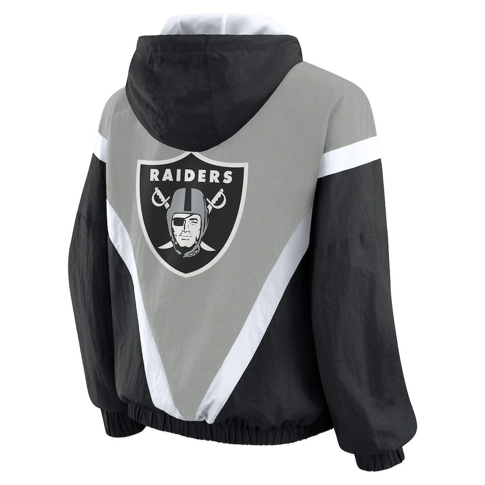 Las Vegas Raiders WEAR by Erin Andrews Women's Retro Crinkle Full-Zip Hoodie Windbreaker Black/Silver