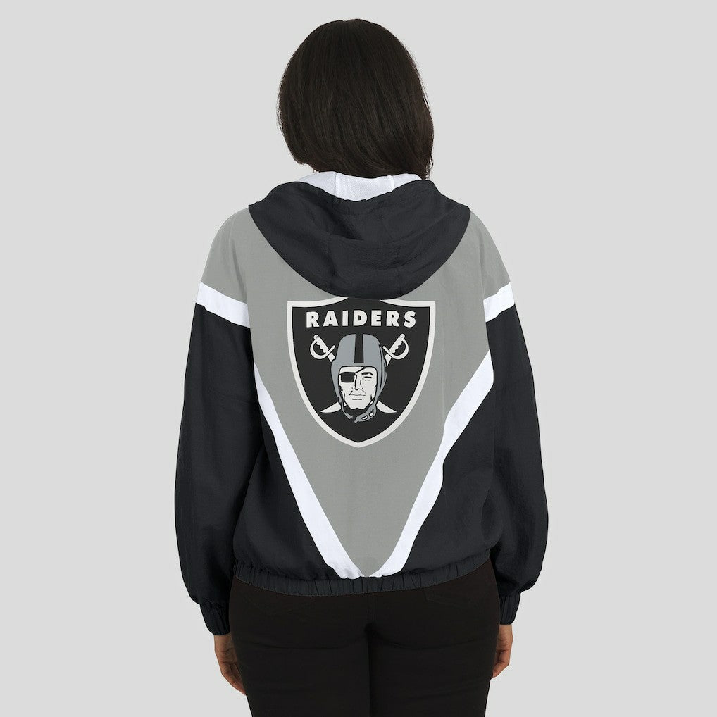 Las Vegas Raiders WEAR by Erin Andrews Women's Retro Crinkle Full-Zip Hoodie Windbreaker Black/Silver