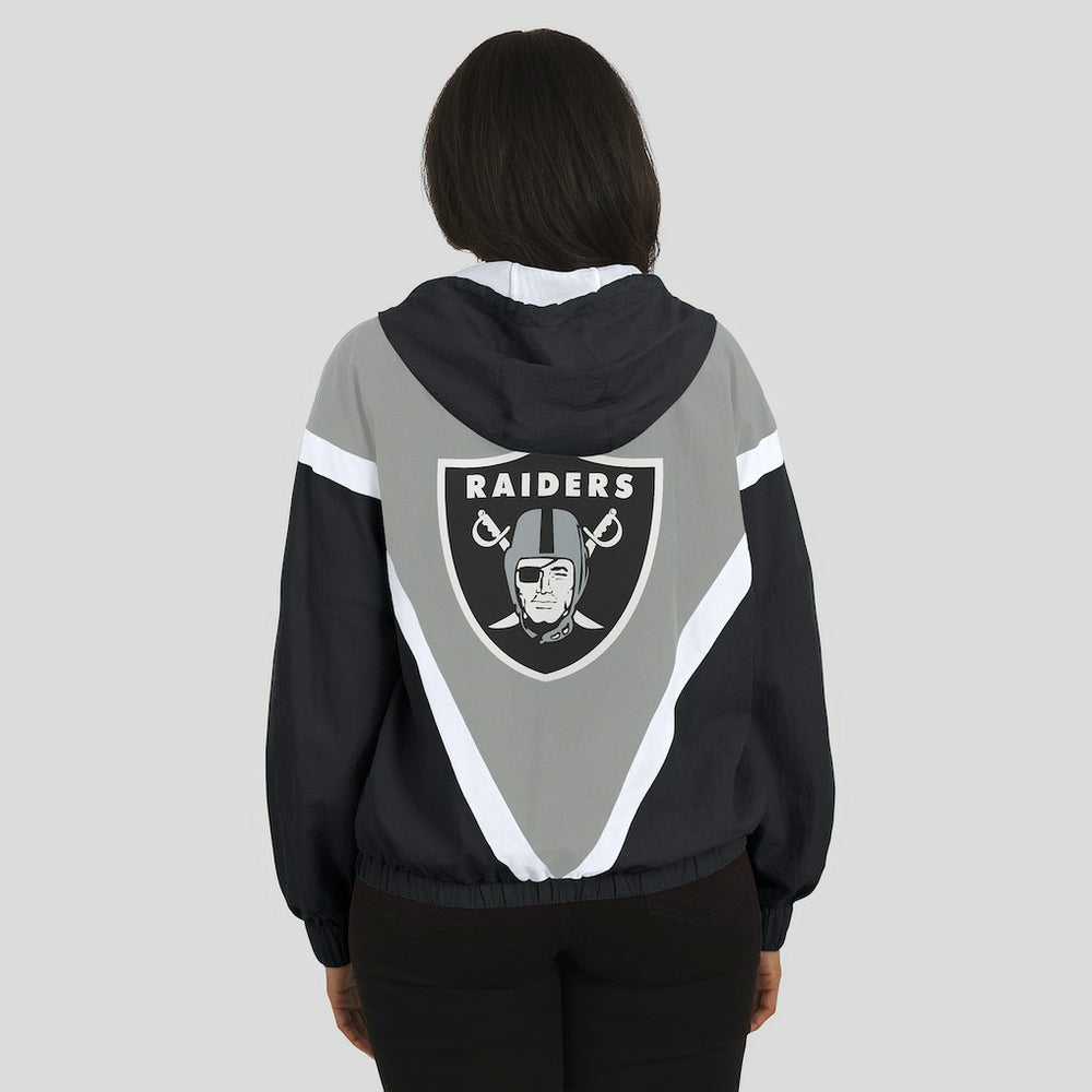 Las Vegas Raiders WEAR by Erin Andrews Women's Retro Crinkle Full-Zip Hoodie Windbreaker Black/Silver