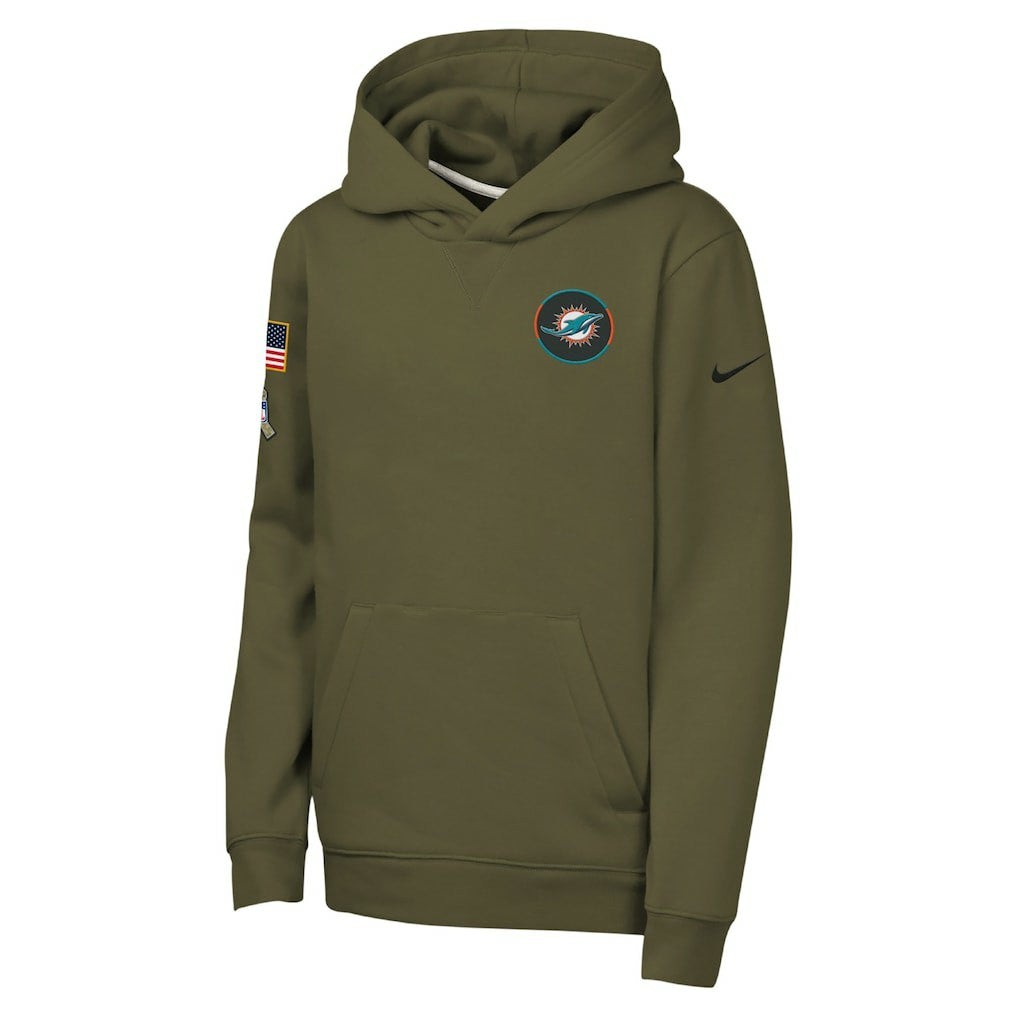 Nike Miami Dolphins Youth 2025 Salute to Service Club Fleece Hoodie Olive