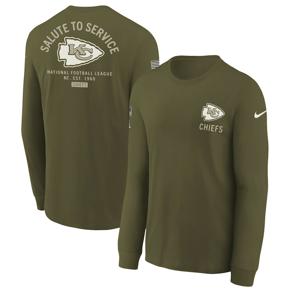 Nike Kansas City Chiefs Youth 2025 Salute to Service Sideline Long Sleeve T-Shirt Olive