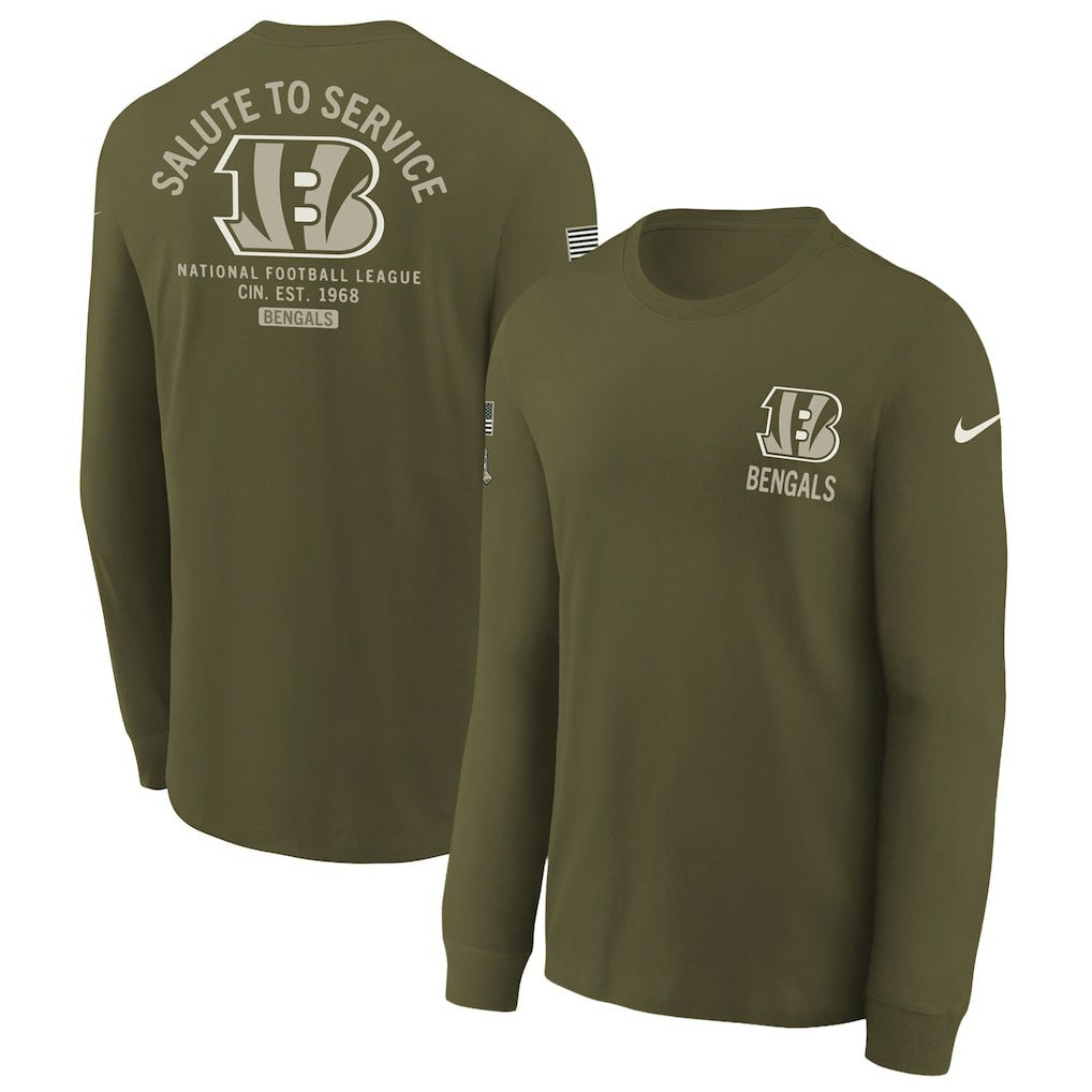 Nike Cincinnati Bengals Youth 2025 Salute to Service Sideline Long Sleeve T-Shirt Olive