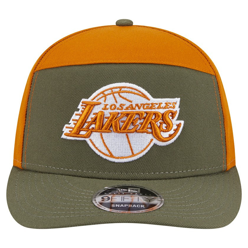 Los Angeles Lakers Two-Tone Color Pack Split Panel 9FIFTY Adjustable Hat Olive/Burnt Orange | New Era Near Me