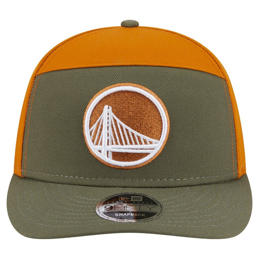Golden State Warriors Two-Tone Color Pack Split Panel 9FIFTY Adjustable Hat for sale Olive/Burnt Orange | New Era