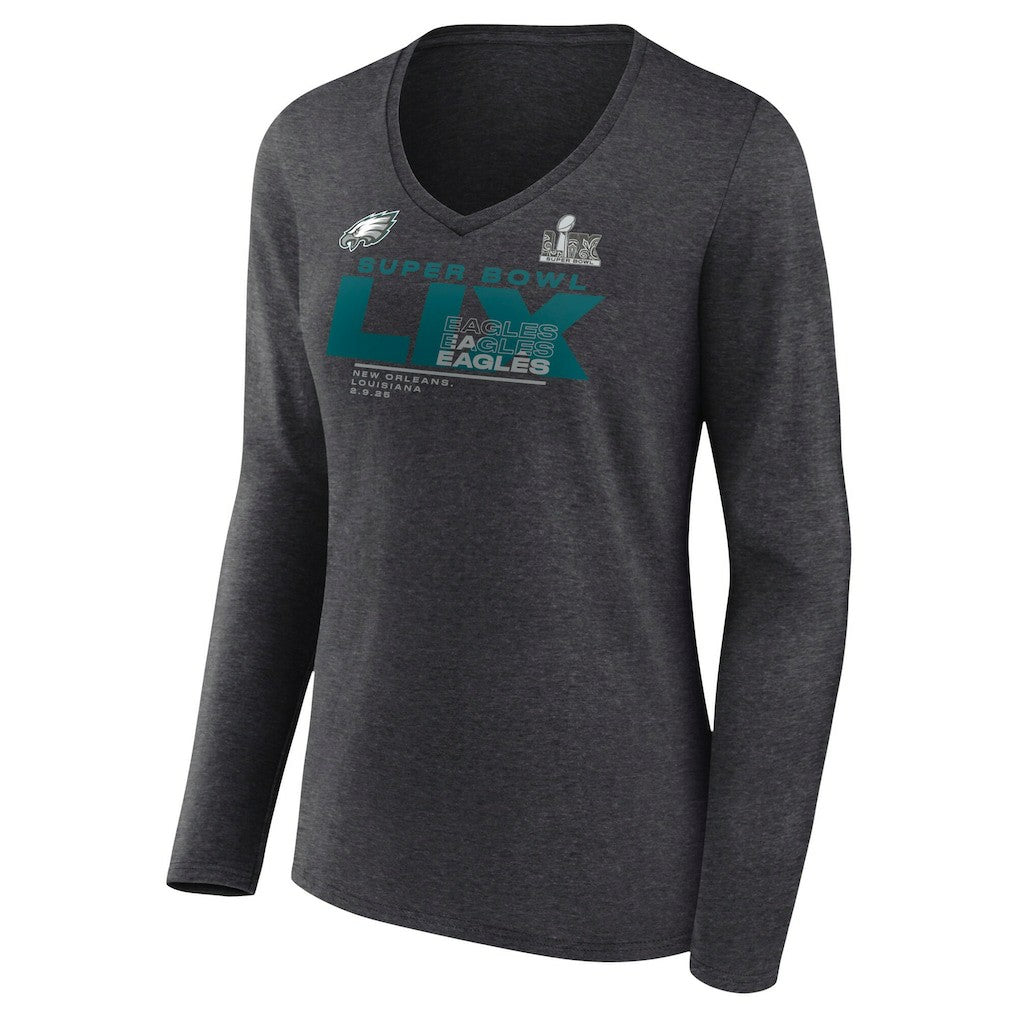 Fanatics Philadelphia Eagles Women's Super Bowl LIX Quick Pass Long Sleeve V-Neck T-Shirt Heather Charcoal