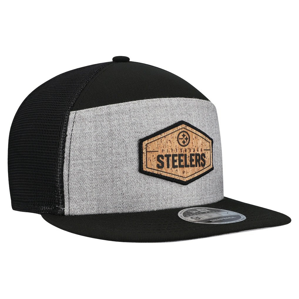 Pittsburgh Steelers New Era Cork Split Panel 9FIFTY Trucker Snapback Hat Gray/Black
