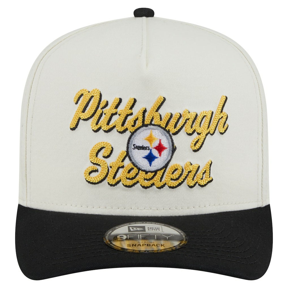 Pittsburgh Steelers New Era Chainstitch A-Frame 9FIFTY Adjustable Hat Cream/Black