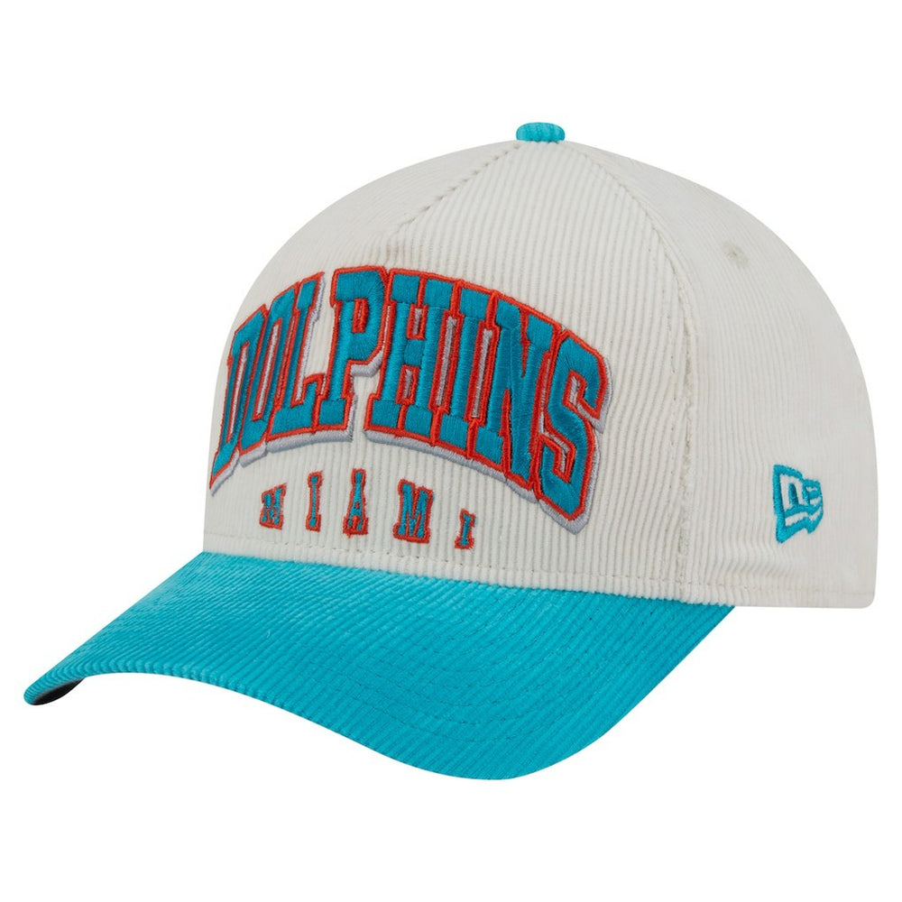 Miami Dolphins New Era Throwback Two-Tone Sided Corduroy 9FORTY A-Frame Adjustable Hat Cream/Aqua