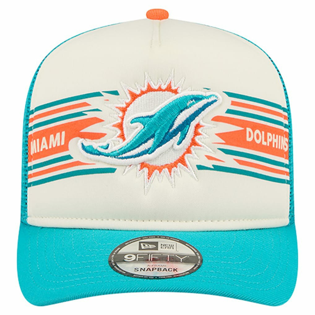 Miami Dolphins New Era Banner A-Frame 9FIFTY Trucker Snapback Hat Cream/Aqua