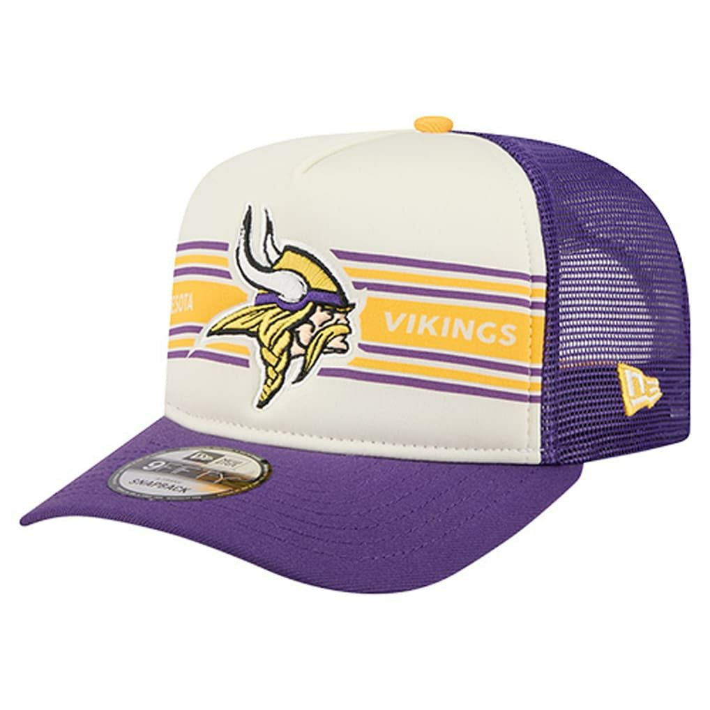 Minnesota Vikings New Era Banner A-Frame 9FIFTY Trucker Snapback Hat Cream/Purple