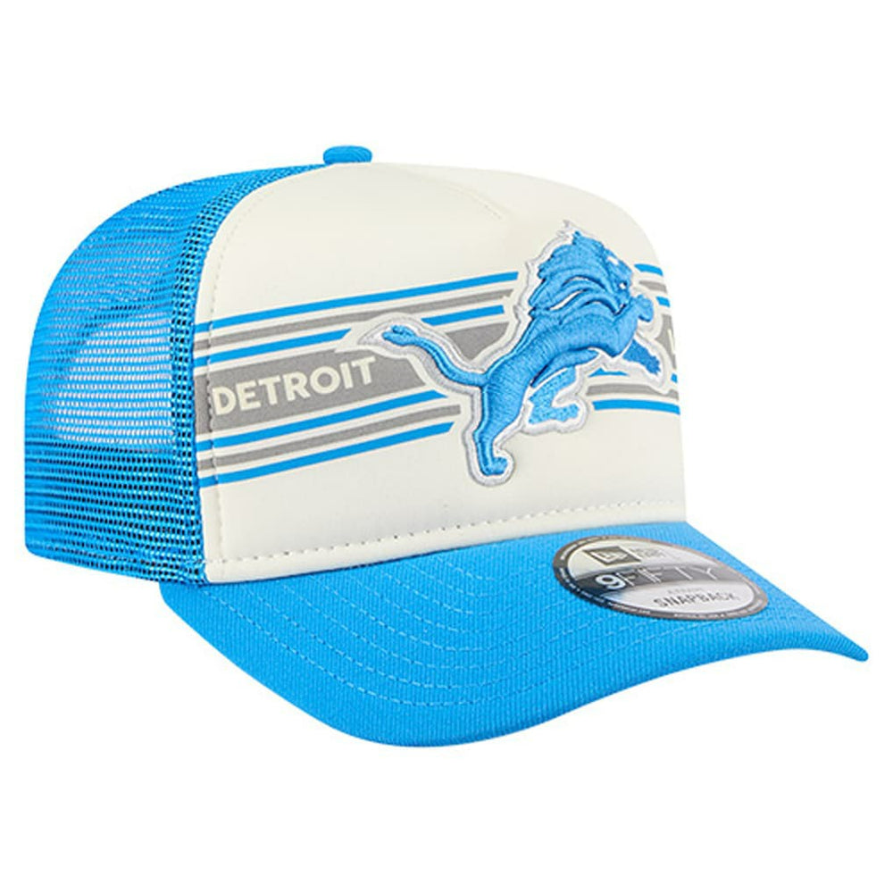 Detroit Lions New Era Banner A-Frame 9FIFTY Trucker Snapback Hat Cream/Blue