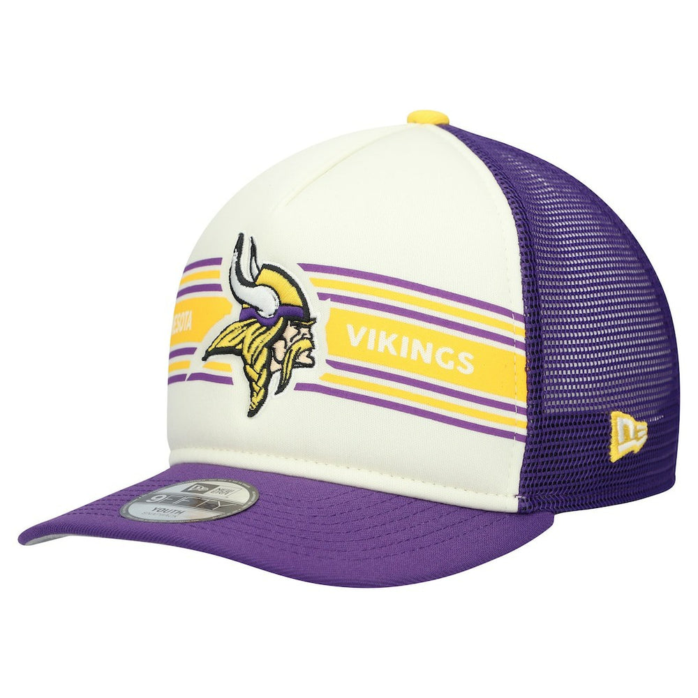 Minnesota Vikings New Era Youth Banner 9FIFTY A-Frame Adjustable Trucker Hat Cream/Purple