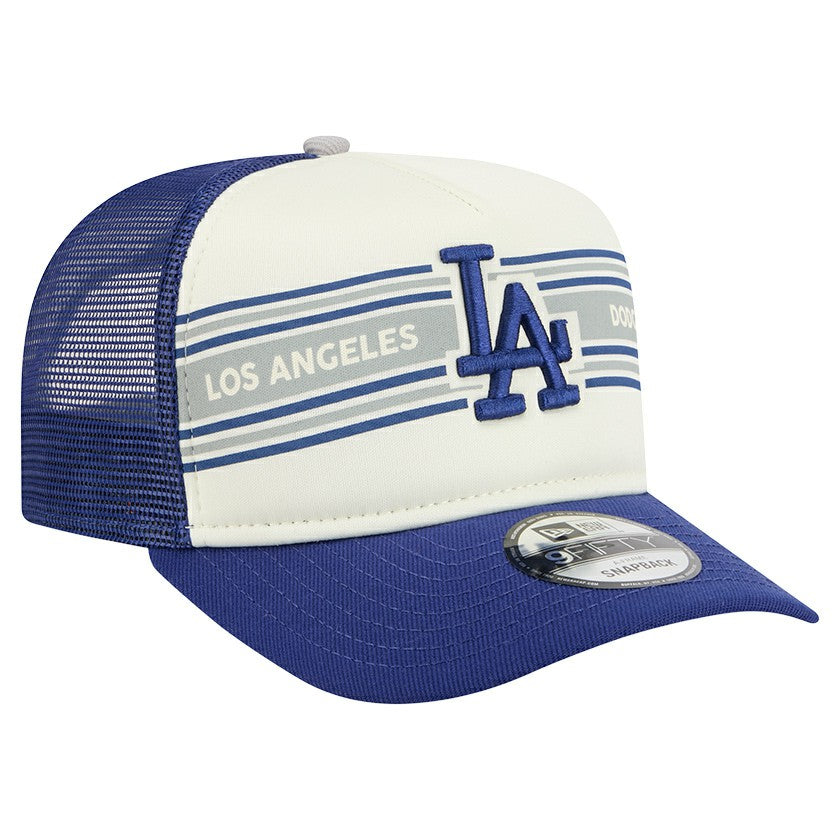 Los Angeles Dodgers New Era Banner A-Frame 9FIFTY Trucker Snapback Hat - Cream/Royal - New Era Discount