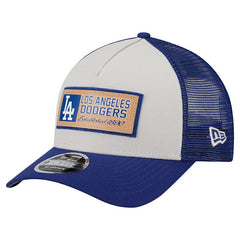 Los Angeles Dodgers New Era Text A-Frame Trucker 9FORTY Hat - Stone/Royal - New Era Sale