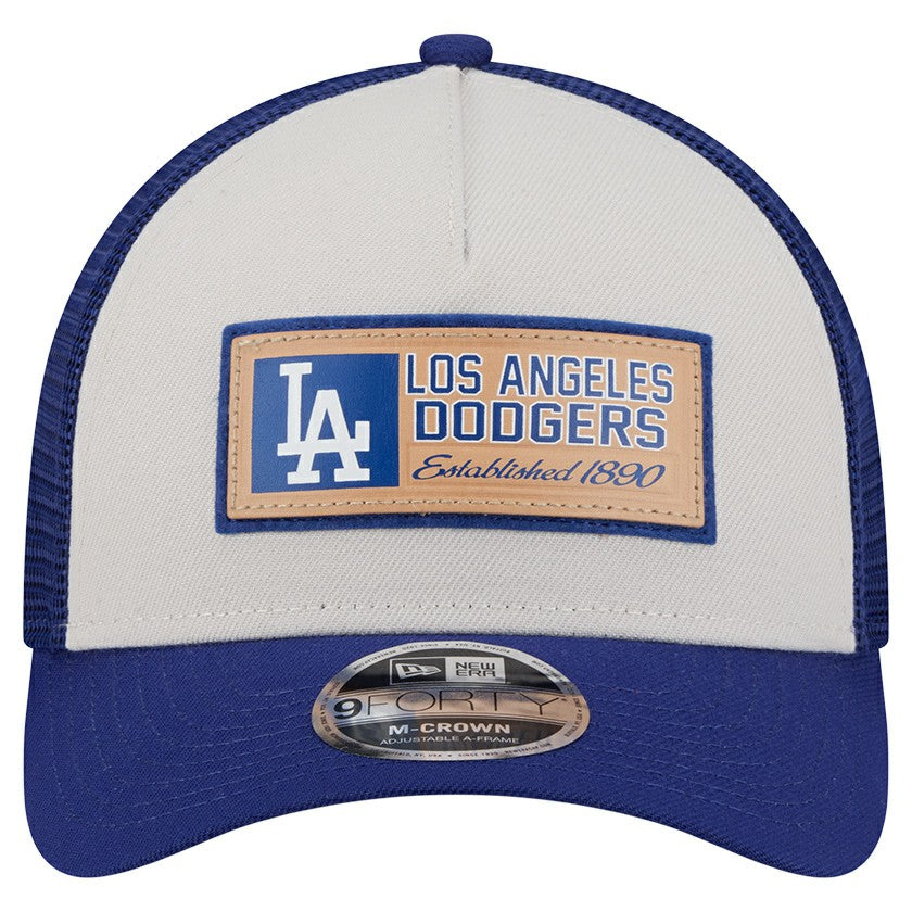 Los Angeles Dodgers New Era Text A-Frame Trucker 9FORTY Hat - Stone/Royal - New Era Sale