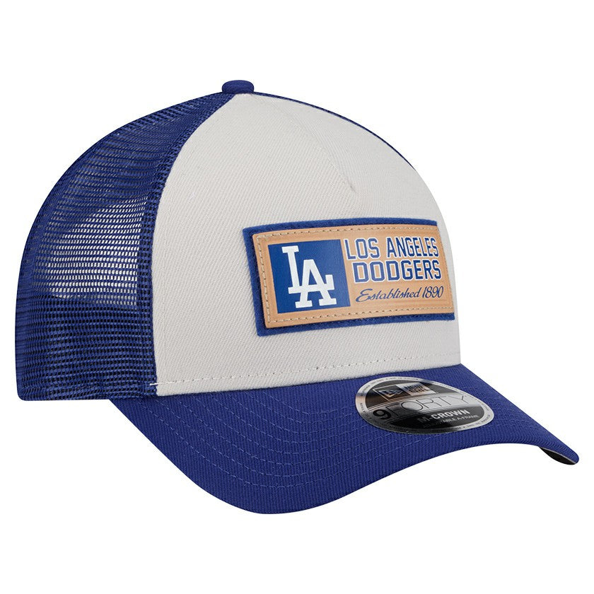 Los Angeles Dodgers New Era Text A-Frame Trucker 9FORTY Hat - Stone/Royal - New Era Sale