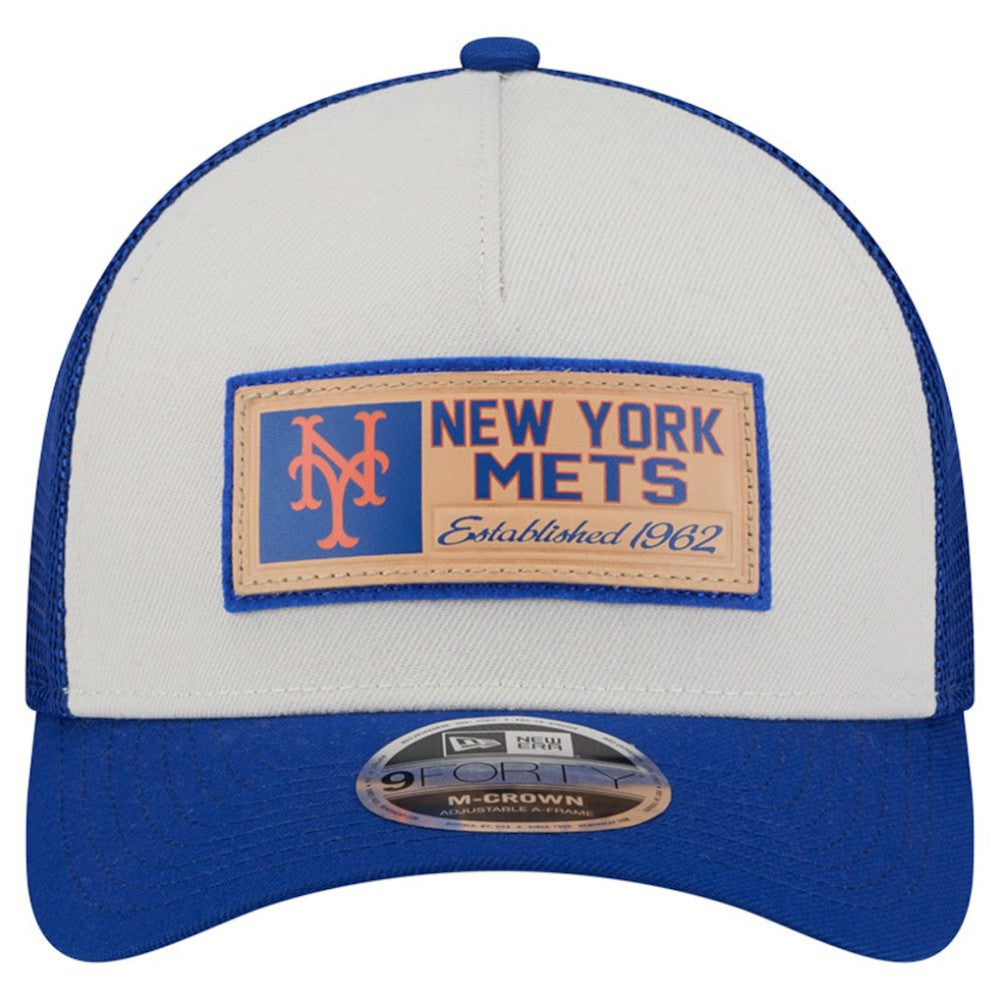 New York Mets New Era Text A-Frame Trucker 9FORTY Hat - Stone/Royal - New Era on Sale