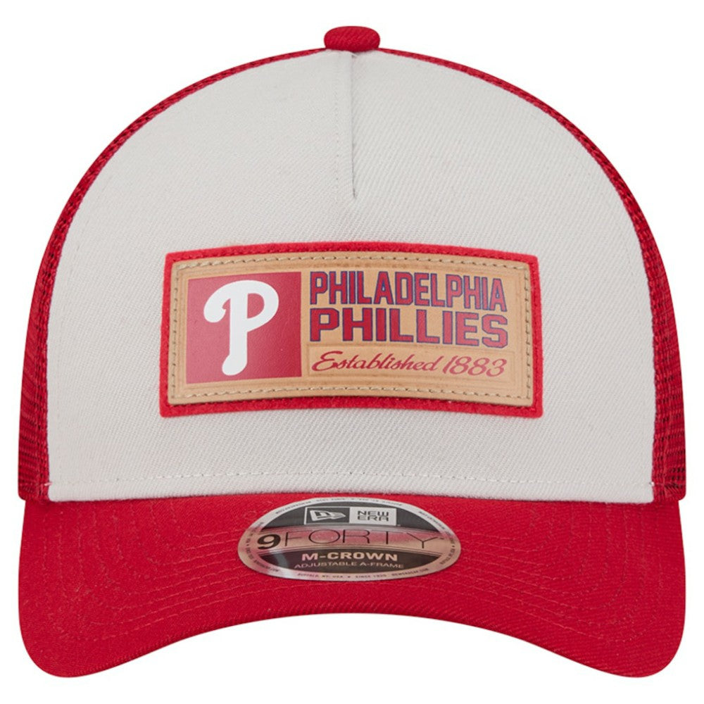 Philadelphia Phillies New Era Text A-Frame Trucker 9FORTY Hat - Stone/Red - New Era on Sale