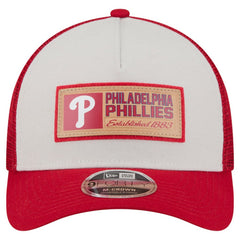Philadelphia Phillies New Era Text A-Frame Trucker 9FORTY Hat - Stone/Red - New Era on Sale