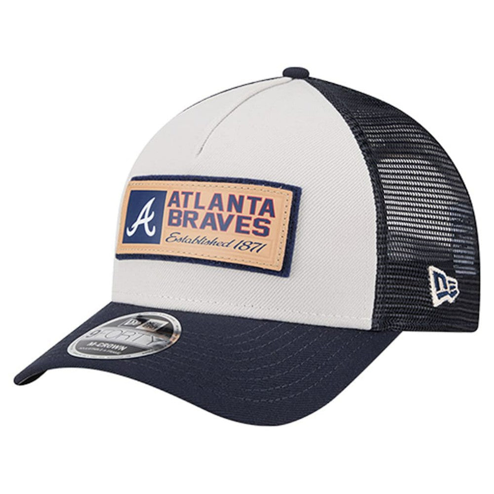 Atlanta Braves New Era Text A-Frame Trucker 9FORTY Hat - Stone/Navy - New Era Discount