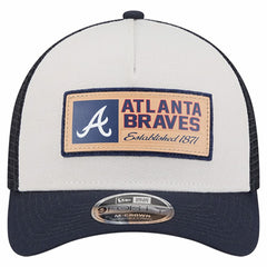 Atlanta Braves New Era Text A-Frame Trucker 9FORTY Hat - Stone/Navy - New Era Discount